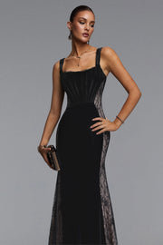 Kavaca Elegant Contour Square Neck Lace Velvet Maxi Dress
